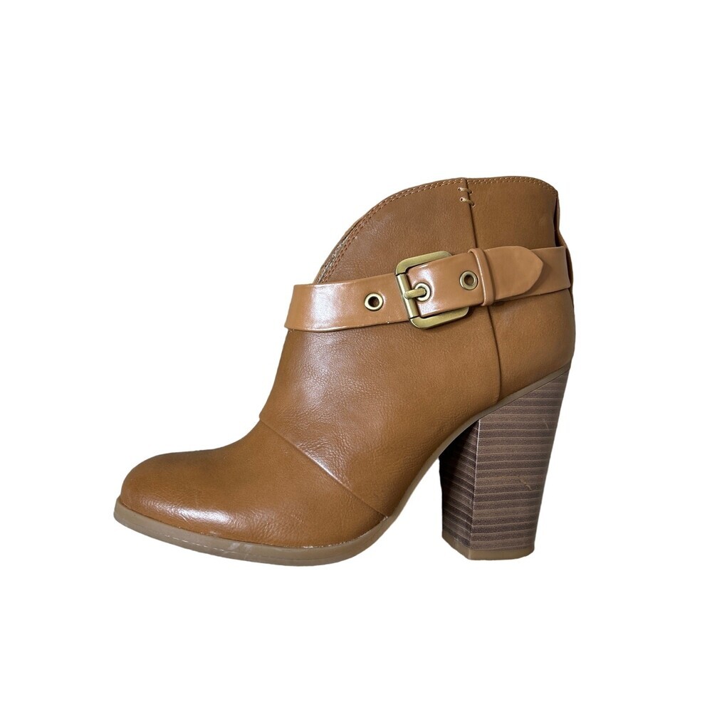 Just Fab Vianca Cognac Faux Leather Buckle High Heel Booties Size 8.5 Tan/brown